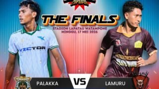 Gambar infografis poster turnamen sepak bola Bone Beramal Cup 2026 untuk final. Di sisi kiri atas terdapat teks jadwal pertandingan Palakka VS Lamuru pukul 14.30 WITA. Desain menggunakan latar belakang gradasi warna biru dan merah yang kontras dengan teks putih.