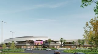 Keterangan Gambar (Caption) Desain arsitektur Summarecon Mall Makassar menampilkan gedung pusat perbelanjaan modern yang megah, terintegrasi dengan area pejalan kaki yang luas, pepohonan hijau, dan fasilitas bersantap luar ruangan.