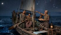 Sekelompok pelaut tradisional Bugis berada di atas perahu kayu pada malam hari, tampak seorang tetua sedang menunjuk ke arah gugusan bintang bersinar di langit yang gelap.