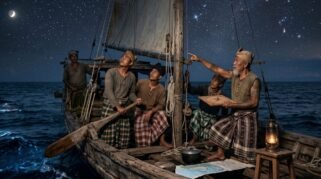 Sekelompok pelaut tradisional Bugis berada di atas perahu kayu pada malam hari, tampak seorang tetua sedang menunjuk ke arah gugusan bintang bersinar di langit yang gelap.