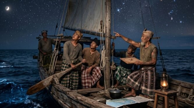 Sekelompok pelaut tradisional Bugis berada di atas perahu kayu pada malam hari, tampak seorang tetua sedang menunjuk ke arah gugusan bintang bersinar di langit yang gelap.