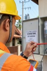 Foto close-up dari arah belakang bahu petugas PLN yang mengenakan seragam oranye dan helm keselamatan kuning. Petugas tersebut tampak sedang memeriksa komponen di dalam kotak meteran listrik digital yang terbuka menggunakan alat tes warna merah. Di latar belakang terlihat suasana perumahan warga dengan atap genting cokelat di bawah langit cerah. Pada baju petugas terdapat logo PLN yang jelas namun tanpa atribut kepolisian.