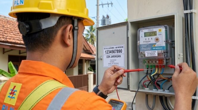 Foto close-up dari arah belakang bahu petugas PLN yang mengenakan seragam oranye dan helm keselamatan kuning. Petugas tersebut tampak sedang memeriksa komponen di dalam kotak meteran listrik digital yang terbuka menggunakan alat tes warna merah. Di latar belakang terlihat suasana perumahan warga dengan atap genting cokelat di bawah langit cerah. Pada baju petugas terdapat logo PLN yang jelas namun tanpa atribut kepolisian.