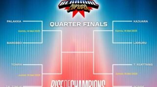 Gambar infografis jadwal perempat final sepak bola. Gambar pertama menampilkan jadwal Kamis 14 Mei 2026 antara Palakka vs Barebbo dan Kajuara vs Lamuru. Gambar kedua menampilkan jadwal Jumat 15 Mei 2026 antara Tonra vs Tr. Timur dan T. Riattang vs Ponre. Desain menggunakan latar belakang gradasi biru merah dengan teks putih dan hitam yang kontras. Tidak ada logo polisi atau elemen bintang berkilau.