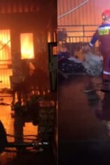 Kondisi ruko Percetakan Trias Muda di Jalan Manurunge Bone yang hangus terbakar. Terlihat puing-puing material cetak, kerangka mesin yang rusak, dan area bangunan yang menghitam pasca-pemadaman oleh petugas pemadam kebakaran.