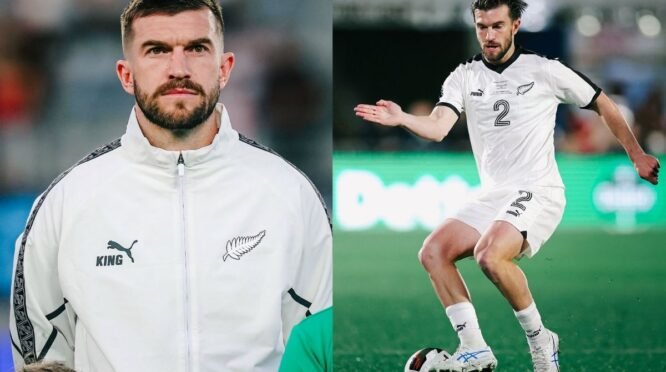 Kolase dua foto Tim Payne; sisi kiri memperlihatkan potret wajahnya mengenakan jaket putih timnas Selandia Baru, sementara sisi kanan menunjukkan aksinya di lapangan saat sedang menggiring bola dengan jersi putih bernomor punggung 2.