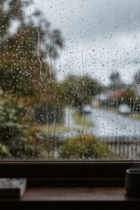 Fotografi pemandangan dari dalam ruangan yang difokuskan pada sebuah kaca dengan bingkai jendela kayu. Permukaan kaca tampak basah dan dipenuhi oleh tetesan air hujan. Latar belakang di luar jendela memperlihatkan pepohonan dan jalanan perumahan yang mengabur (blur) akibat cuaca mendung dan hujan. Di bagian ambang jendela di dalam ruangan, tampak sebuah cangkir dan sebuah buku diletakkan berdekatan.