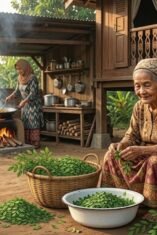 Seorang perempuan lansia berpakaian tradisional dan memakai penutup kepala sedang duduk di bangku kayu kecil, memetik daun kelor dari rantingnya ke dalam baskom putih. Di belakangnya, seorang perempuan berhijab tampak sedang mengaduk masakan di wajan di atas tungku api tradisional. Latar belakang menampilkan rumah panggung kayu berukir khas Bugis, sementara di sisi kiri depan terdapat tanaman cabai dan tomat berbuah lebat di dalam pot.