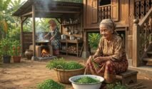 Seorang perempuan lansia berpakaian tradisional dan memakai penutup kepala sedang duduk di bangku kayu kecil, memetik daun kelor dari rantingnya ke dalam baskom putih. Di belakangnya, seorang perempuan berhijab tampak sedang mengaduk masakan di wajan di atas tungku api tradisional. Latar belakang menampilkan rumah panggung kayu berukir khas Bugis, sementara di sisi kiri depan terdapat tanaman cabai dan tomat berbuah lebat di dalam pot.