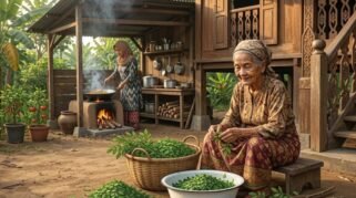 Seorang perempuan lansia berpakaian tradisional dan memakai penutup kepala sedang duduk di bangku kayu kecil, memetik daun kelor dari rantingnya ke dalam baskom putih. Di belakangnya, seorang perempuan berhijab tampak sedang mengaduk masakan di wajan di atas tungku api tradisional. Latar belakang menampilkan rumah panggung kayu berukir khas Bugis, sementara di sisi kiri depan terdapat tanaman cabai dan tomat berbuah lebat di dalam pot.