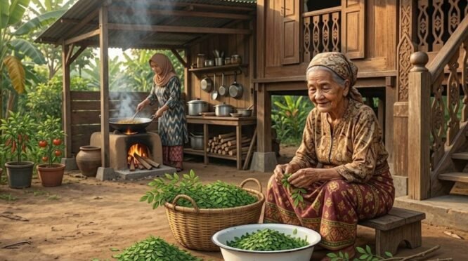 Seorang perempuan lansia berpakaian tradisional dan memakai penutup kepala sedang duduk di bangku kayu kecil, memetik daun kelor dari rantingnya ke dalam baskom putih. Di belakangnya, seorang perempuan berhijab tampak sedang mengaduk masakan di wajan di atas tungku api tradisional. Latar belakang menampilkan rumah panggung kayu berukir khas Bugis, sementara di sisi kiri depan terdapat tanaman cabai dan tomat berbuah lebat di dalam pot.