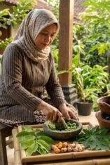 Seorang perempuan berhijab mengenakan baju lurik sedang duduk menumbuk dedaunan hijau segar, berupa pucuk jambu biji dan pepaya, menggunakan cobek batu di teras rumah yang asri. Di depannya terdapat nampan bambu berisi daun segar dan rimpang, sebuah tungku tanah liat kecil yang sedang memanaskan air, serta segelas ramuan jamu berwarna hijau.