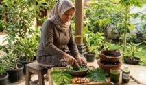 Seorang perempuan berhijab mengenakan baju lurik sedang duduk menumbuk dedaunan hijau segar, berupa pucuk jambu biji dan pepaya, menggunakan cobek batu di teras rumah yang asri. Di depannya terdapat nampan bambu berisi daun segar dan rimpang, sebuah tungku tanah liat kecil yang sedang memanaskan air, serta segelas ramuan jamu berwarna hijau.
