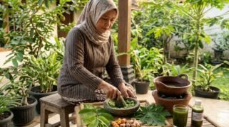 Seorang perempuan berhijab mengenakan baju lurik sedang duduk menumbuk dedaunan hijau segar, berupa pucuk jambu biji dan pepaya, menggunakan cobek batu di teras rumah yang asri. Di depannya terdapat nampan bambu berisi daun segar dan rimpang, sebuah tungku tanah liat kecil yang sedang memanaskan air, serta segelas ramuan jamu berwarna hijau.