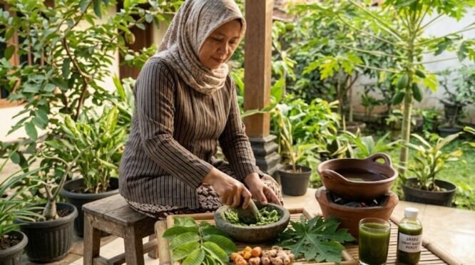 Seorang perempuan berhijab mengenakan baju lurik sedang duduk menumbuk dedaunan hijau segar, berupa pucuk jambu biji dan pepaya, menggunakan cobek batu di teras rumah yang asri. Di depannya terdapat nampan bambu berisi daun segar dan rimpang, sebuah tungku tanah liat kecil yang sedang memanaskan air, serta segelas ramuan jamu berwarna hijau.