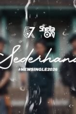 Sampul visual single terbaru Sheila On 7 berjudul Sederhana dengan efek tetesan air di kaca dan siluet tiga personel band di latar belakang.