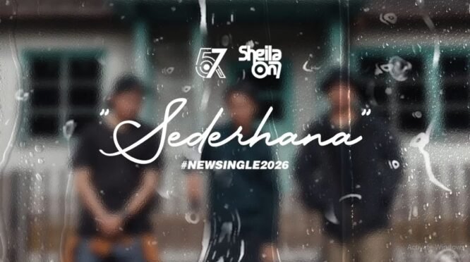 Sampul visual single terbaru Sheila On 7 berjudul Sederhana dengan efek tetesan air di kaca dan siluet tiga personel band di latar belakang.
