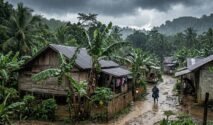Pemandangan udara rendah dari sebuah perkampungan sederhana di pedesaan saat hujan deras. Di tengah cuaca mendung gelap dan rintik hujan yang terlihat jelas, beberapa rumah kayu sederhana dengan atap seng berjejer di antara pepohonan rimbun, termasuk pohon-pohon pisang yang basah. Seorang warga mengenakan jas hujan tampak sedang berjalan melintasi jalan tanah yang becek dan penuh genangan air.
