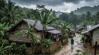 Pemandangan udara rendah dari sebuah perkampungan sederhana di pedesaan saat hujan deras. Di tengah cuaca mendung gelap dan rintik hujan yang terlihat jelas, beberapa rumah kayu sederhana dengan atap seng berjejer di antara pepohonan rimbun, termasuk pohon-pohon pisang yang basah. Seorang warga mengenakan jas hujan tampak sedang berjalan melintasi jalan tanah yang becek dan penuh genangan air.
