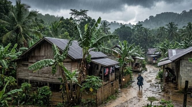 Pemandangan udara rendah dari sebuah perkampungan sederhana di pedesaan saat hujan deras. Di tengah cuaca mendung gelap dan rintik hujan yang terlihat jelas, beberapa rumah kayu sederhana dengan atap seng berjejer di antara pepohonan rimbun, termasuk pohon-pohon pisang yang basah. Seorang warga mengenakan jas hujan tampak sedang berjalan melintasi jalan tanah yang becek dan penuh genangan air.