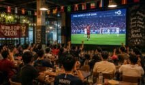 Ilustrasi warga menyaksikan pertandingan Piala Dunia melalui acara nobar di sebuah kafe.