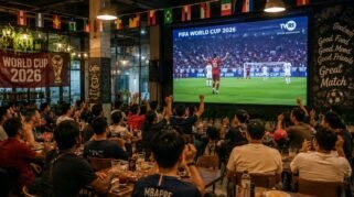 Ilustrasi warga menyaksikan pertandingan Piala Dunia melalui acara nobar di sebuah kafe.
