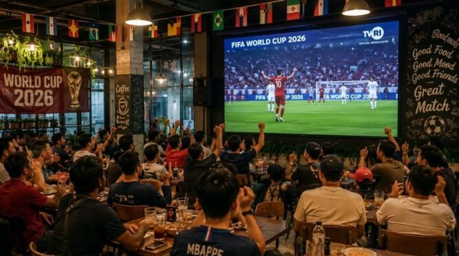 Ilustrasi warga menyaksikan pertandingan Piala Dunia melalui acara nobar di sebuah kafe.