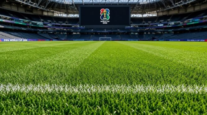 Rumput stadion Piala Dunia 2026 dengan kualitas premium yang dikembangkan menggunakan teknologi dan standar ketat FIFA.