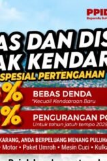 Poster program bebas denda 100 persen dan diskon pokok Pajak Kendaraan Bermotor di Sulawesi Selatan tahun 2026.