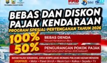 Poster program bebas denda 100 persen dan diskon pokok Pajak Kendaraan Bermotor di Sulawesi Selatan tahun 2026.