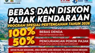 Poster program bebas denda 100 persen dan diskon pokok Pajak Kendaraan Bermotor di Sulawesi Selatan tahun 2026.