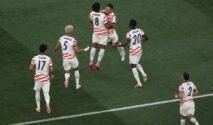 Selebrasi pemain Amerika Serikat setelah mencetak gol ke gawang Paraguay pada pertandingan Piala Dunia 2026 di Los Angeles Stadium.