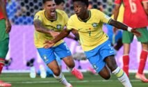 Vinicius Junior merayakan gol Brasil ke gawang Maroko pada pertandingan Grup C Piala Dunia 2026 di New Jersey Stadium.