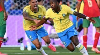 Vinicius Junior merayakan gol Brasil ke gawang Maroko pada pertandingan Grup C Piala Dunia 2026 di New Jersey Stadium.