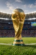 Ilustrasi trofi Piala Dunia di atas rumput stadion sepak bola dengan latar tribun penonton.