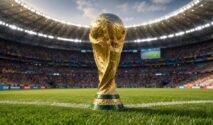 Ilustrasi trofi Piala Dunia di atas rumput stadion sepak bola dengan latar tribun penonton.