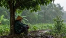 Seorang warga berteduh di bawah pohon di area kebun saat hujan gerimis turun pada siang hari.