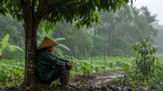 Seorang warga berteduh di bawah pohon di area kebun saat hujan gerimis turun pada siang hari.