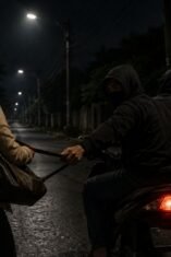 Ilustrasi penjambretan malam hari di jalan gelap dan sepi, memperlihatkan pelaku bermotor menarik tas korban saat melintas.