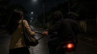 Ilustrasi penjambretan malam hari di jalan gelap dan sepi, memperlihatkan pelaku bermotor menarik tas korban saat melintas.