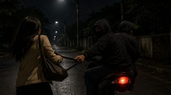 Ilustrasi penjambretan malam hari di jalan gelap dan sepi, memperlihatkan pelaku bermotor menarik tas korban saat melintas.