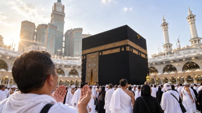 Jemaah haji melaksanakan tawaf dan berdoa mengelilingi Ka'bah di Masjidil Haram Makkah.