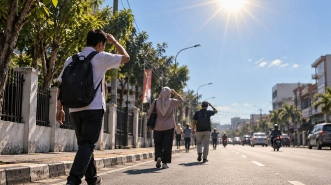 Ilustrasi warga berjalan kaki di jalan beraspal saat cuaca terik, menggambarkan kondisi potensi udara panas di Bone.