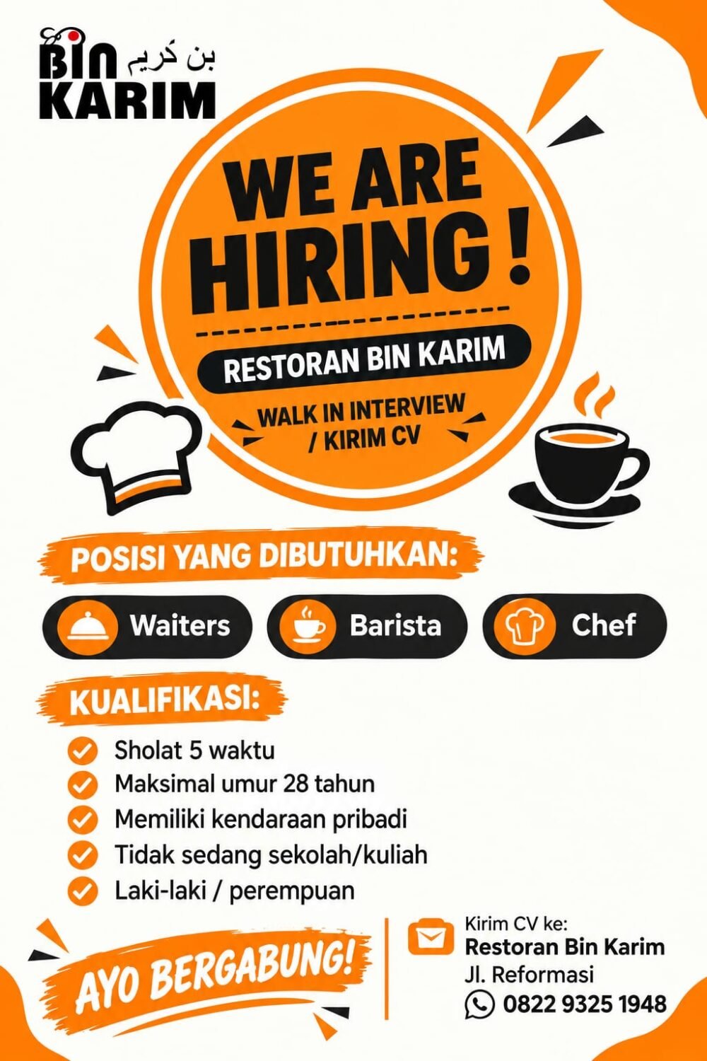 Restoran Bin Karim Buka Lowongan Kerja untuk Waiters, Barista, dan Chef