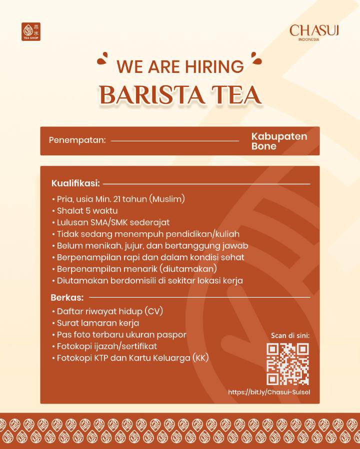 Loker Barista Tea CHASUI Indonesia di Bone Dibuka